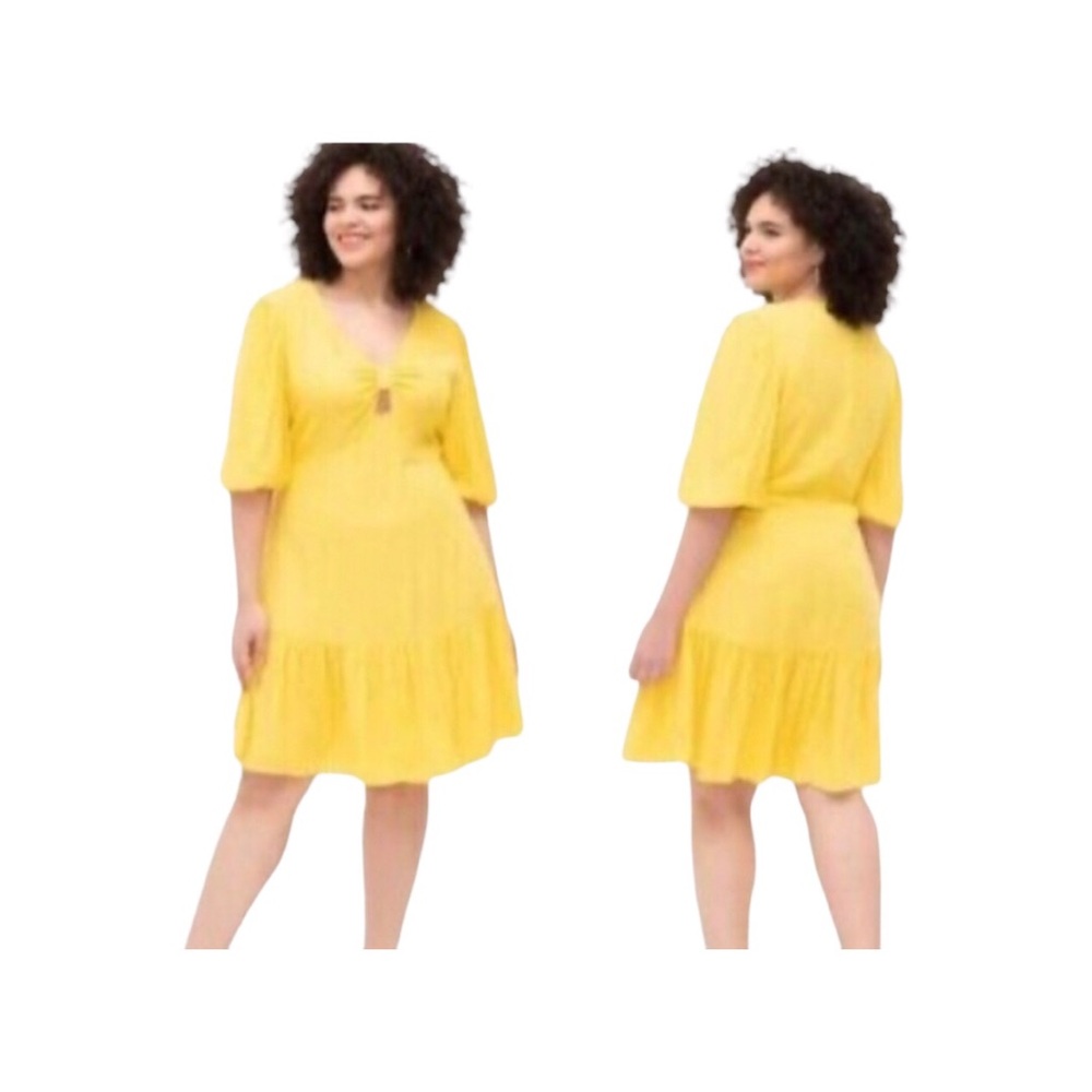 Eloquii. Elements  Yellow Plus knot Front Flounce Short Sleeves Ruffled Dress 16